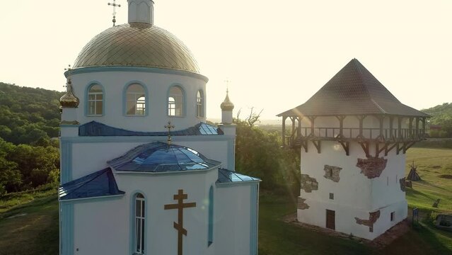 Aerial sunset 4k footage  of Busha state Historical and Cultural Reserve, located on Podillya, Vinnytsa region, Ukraine.