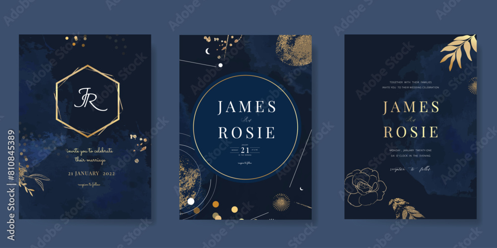 Wall mural navy blue luxury wedding invitation, floral invite thank you, rsvp modern card design in gold flower - Wall murals