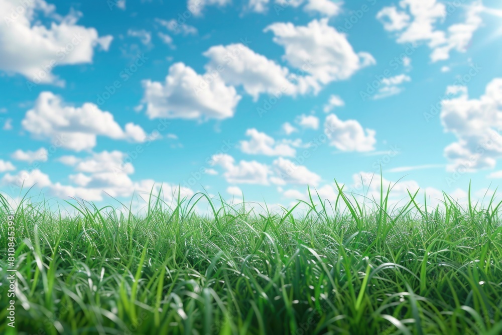 Poster a peaceful scene of a grass field with a clear blue sky in the background. suitable for various natu