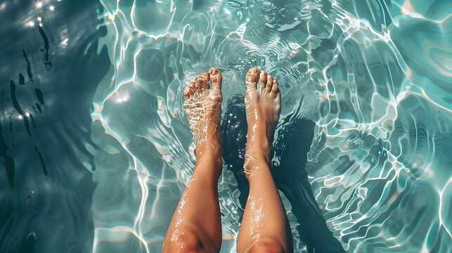Close-up of legs relaxing in water during hot summer day, top view