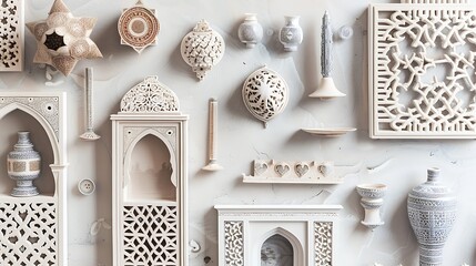 Artistic Moroccan decorative elements arranged on a pristine white surface, capturing the essence...