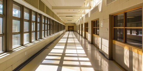 Fototapeta premium Empty school corridor bathed in sunlight, casting geometric shadows on the floor. The hallway features windows along one side and classroom doors on the other