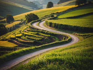 Captivating countryside scene, lush farms, winding roads, top-down view.