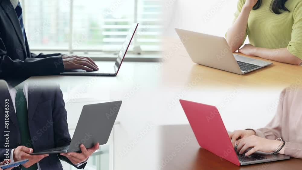 Aufkleber collage video of scenes of group of people using laptops. blur transition from white background.