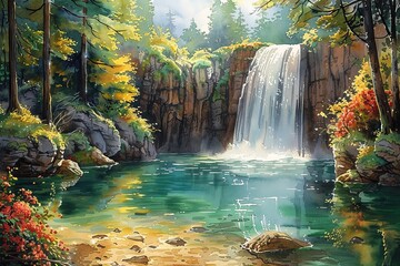 Watercolor Tranquility: Enchanting Forest Scene with Crystal Clear Lake