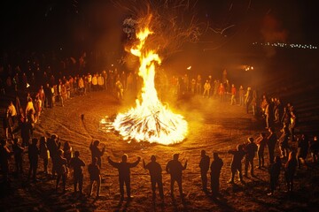 People dancing around a large bonfire at night. Summer Solstice Day, Midsummer, Litha, Ivan Kupala celebration. Slavic pagan holiday. Wiccan ritual, witchcore aesthetics