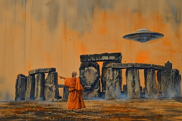 Watercolor Painting: UFO Landing at Stonehenge - Mystical Monk Pointing