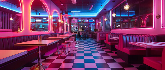 Classic diner with neon lights glowing, retro decor, and black and white checkerboard flooring.