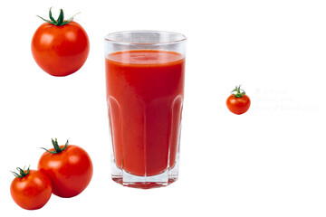 Tomato juice and tomato on a white background