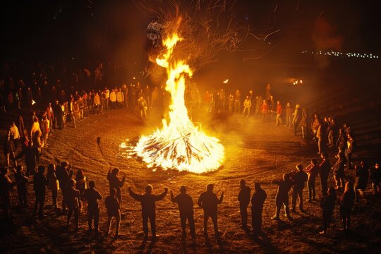 People dancing around a large bonfire at night. Summer Solstice Day, Midsummer, Litha, Ivan Kupala celebration. Slavic pagan holiday. Wiccan ritual, witchcore aesthetics