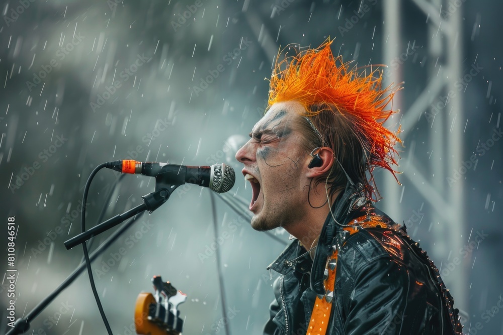 Poster a man with orange hair singing into a microphone. ideal for music and performance concepts