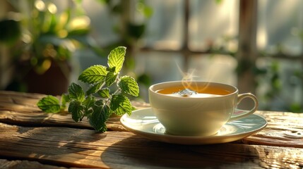 a real photograph of a cup of green tea with mint