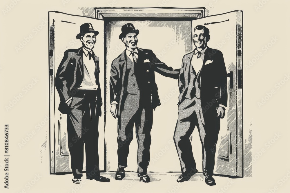 Poster three men standing in front of an open door, suitable for business concepts
