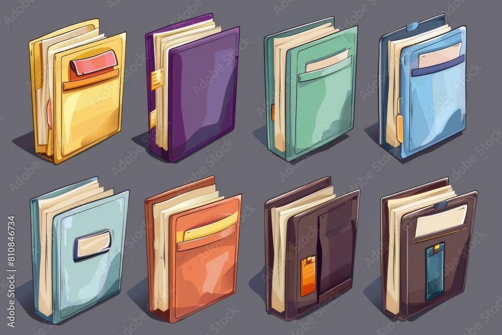 Poster set of different colored books on a gray background. ideal for educational and literary concepts