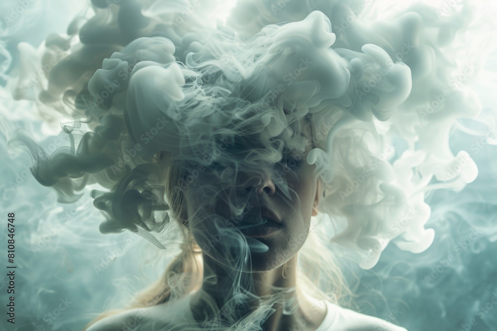 Wall mural a woman with smoke emitting from her head, suitable for illustrating stress or mental health concept