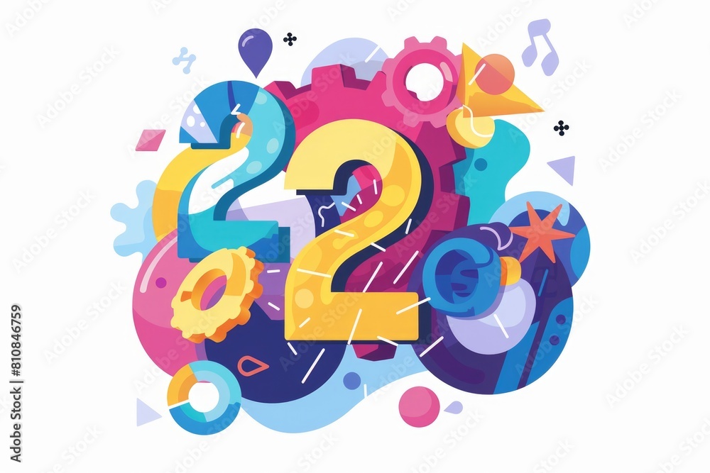 Poster Colorful objects surrounding the number two, suitable for various design projects