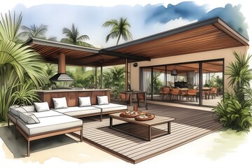 Obraz premium Sleek architectural draft for a tropical outdoor dining area, integrating modern design with natural elements for a stylish home.