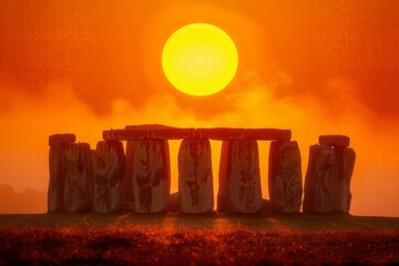 Stonehenge at sunset in England. Midsummer, Summer Solstice holiday. Ancient stone monuments and historical landmark concept. United Kingdom