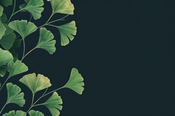Green ginkgo leaves on a dark background.