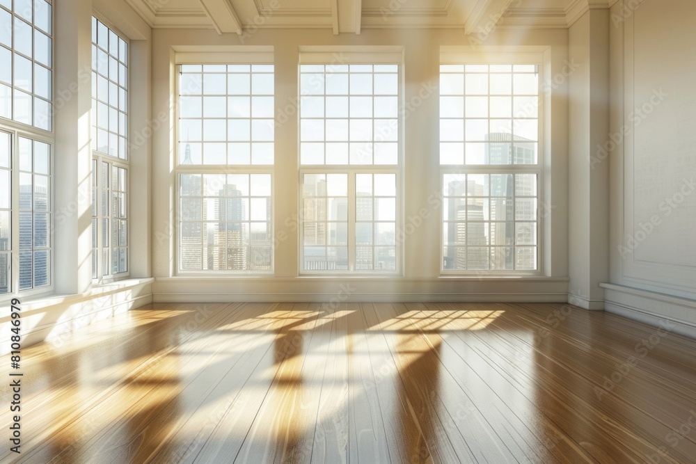 Aufkleber A simple image of an empty room with large windows. Suitable for interior design concepts