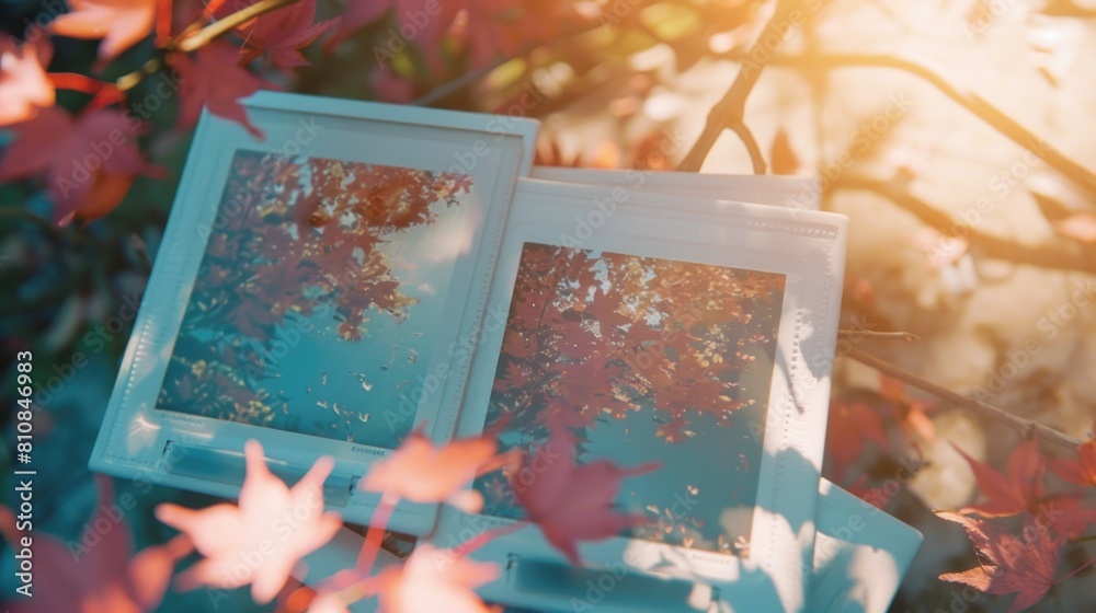 Poster a picture frame on a table next to a tree. ideal for home decor concept