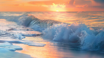 Fototapeta premium The ocean is calm and the sun is setting, creating a beautiful