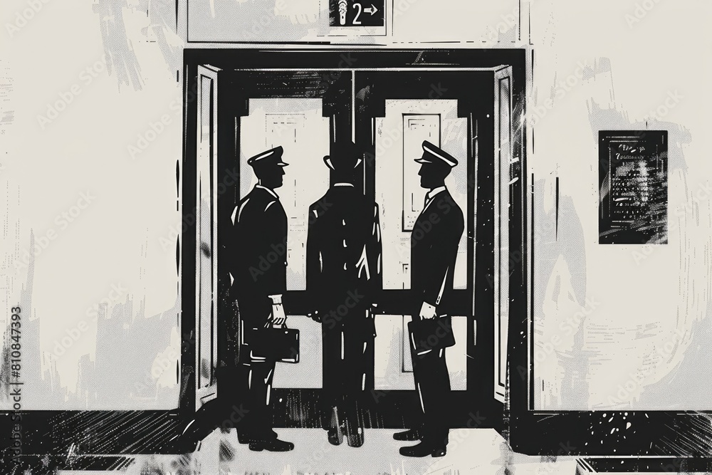 Poster Two men standing in front of a door, suitable for business or home security concepts
