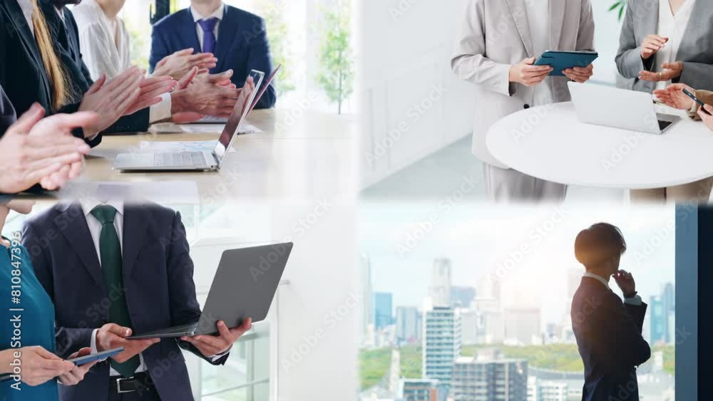 Poster collage video of various business scenes. blur transition from white background.
