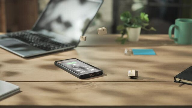 shopping online woman makes purchase online using smartphone at home,fast shipping delivery concept,hand tap smart phone screen,3d animation of boxes packages flying out the screen falling on the tabl