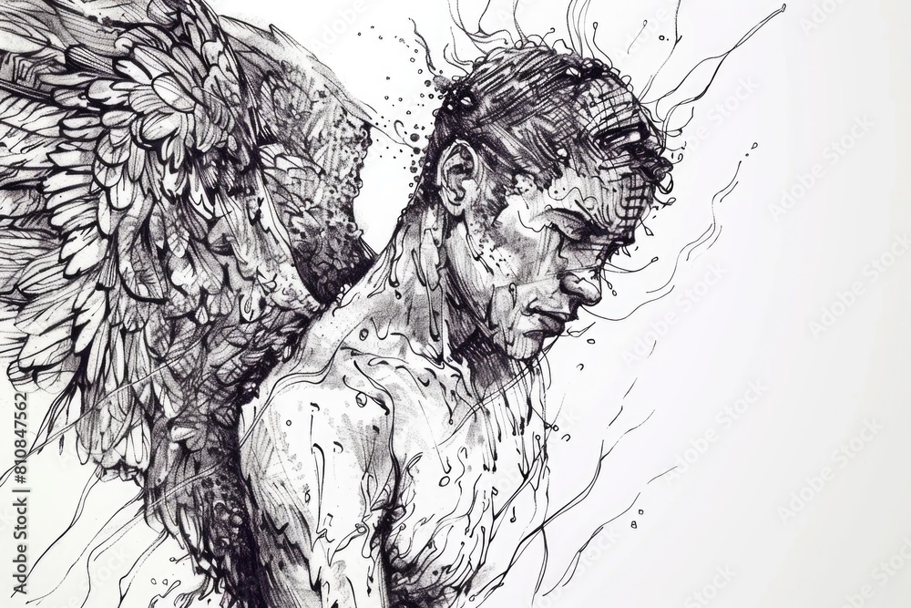 Poster black and white illustration of a man with wings, suitable for various design projects