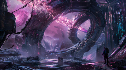A futuristic space scene with a large, spiral structure in the center