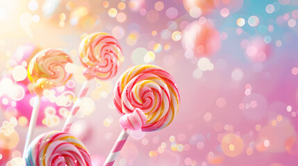 Candy of pink land background, delicious lollipops and bonbons