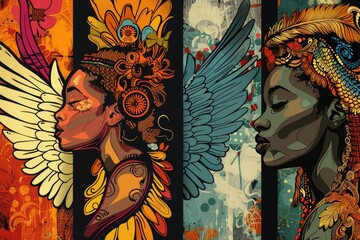 A unique painting of a woman with wings on her head. Suitable for artistic projects and fantasy themes