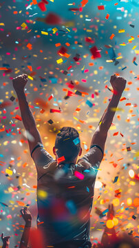 Hombre entrando a meta y celebrando el triunfo del trabajo bien hecho