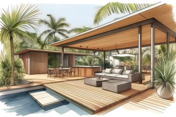 Sleek architectural draft for a tropical outdoor dining area, integrating modern design with natural elements for a stylish home.