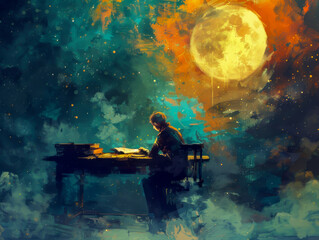 A man is sitting at a desk with a book in front of him