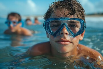 Naklejka premium A young boy in a diving mask stares intently at the camera with water around him and other swimmers in the background