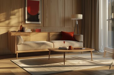 A living room with a sofa, coffee table and sideboard in a light wood color and red accents