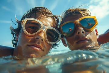 Fototapeta premium A sun-drenched shot of a swimmer's hair with water glistening, as they come out of the pool