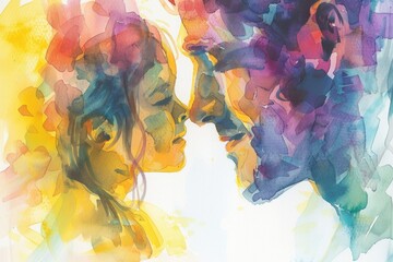 A painting of a man and a woman looking at each other. Suitable for relationship concepts