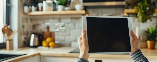 Holding a digital tablet browsing recipes in a home kitchen setup with fresh vegetables and daylight shining through