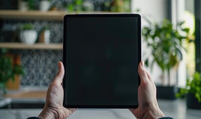 Holding a digital tablet browsing recipes in a home kitchen setup with fresh vegetables and daylight shining through