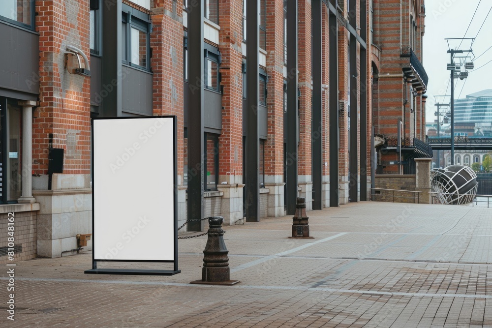 Aufkleber a blank billboard on a sidewalk in front of a brick building. suitable for advertising concepts