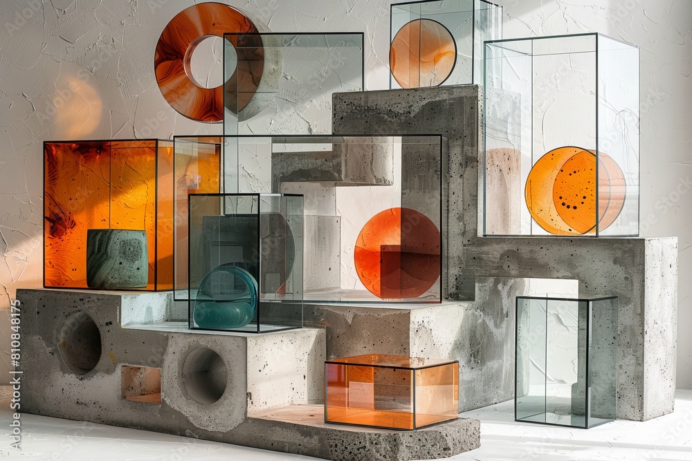 Poster unique display of orange and clear glass blocks arranged on concrete structures creating an abstract