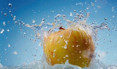 Crisp red apple surrounded by a dynamic explosion of water against a backdrop of submerged apples, creating a sense of freshness