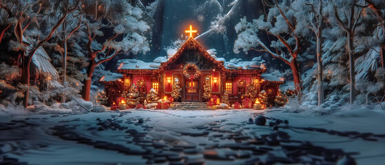 illustration front view home in winter season christmas decorate , have space for idea