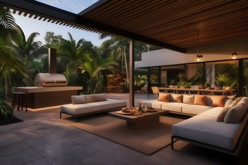 Sleek architectural draft for a tropical outdoor dining area, integrating modern design with natural elements for a stylish home.