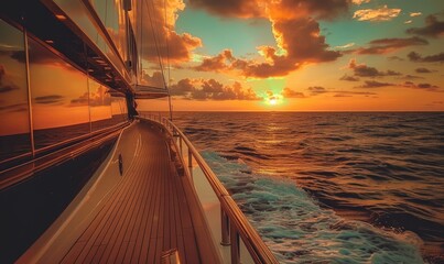 Luxurious yacht sailing on the open ocean captured at sunset, symbolizing adventure and wealth