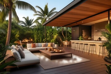 Obraz premium Sleek architectural draft for a tropical outdoor dining area, integrating modern design with natural elements for a stylish home.