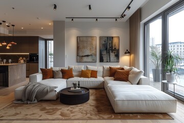 This image features a stylish modern living room with ample seating, contemporary decor, and natural light
